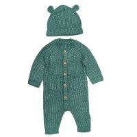 GX549: Baby Rib Knit Raglan Sleeve All In One and Hat Outfit- Green (0-6 Months)